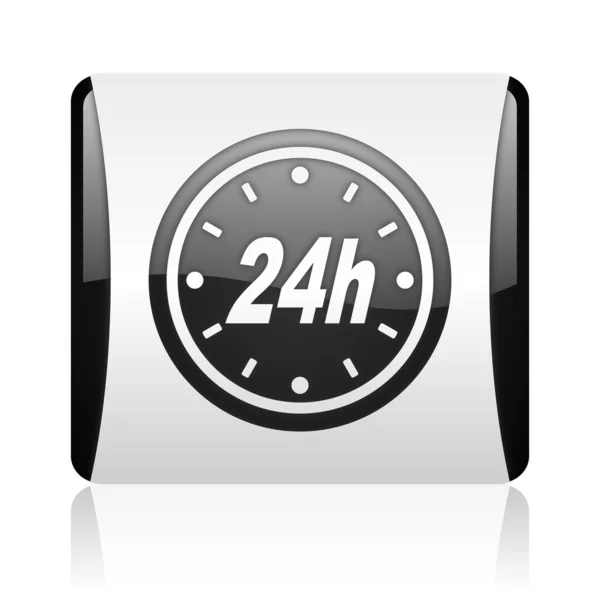 24h black and white square web glossy icon — Stock Photo, Image