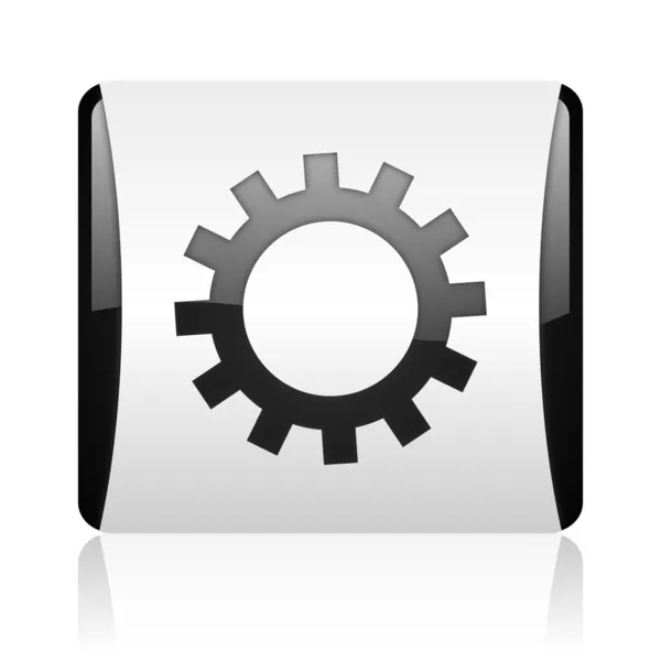 Lesklý ikona Gears černé a bílé čtvercové webové — Stock fotografie