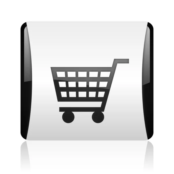 Shopping cart black and white square web glossy icon — Stock Photo, Image