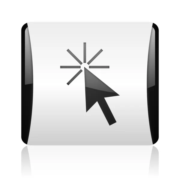 Kliknij tutaj, czarno-biały kwadrat WWW błyszczący ikona — Zdjęcie stockowe