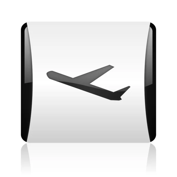 Airplane black and white square web glossy icon — Stock Photo, Image