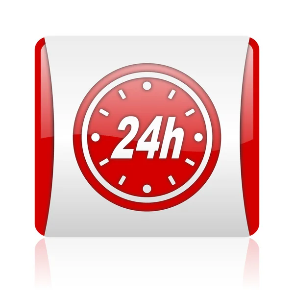 24h red and white square web glossy icon — Stock Photo, Image