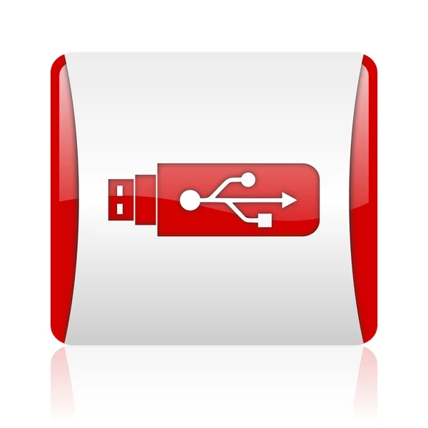 Usb vermelho e branco quadrado web ícone brilhante — Fotografia de Stock