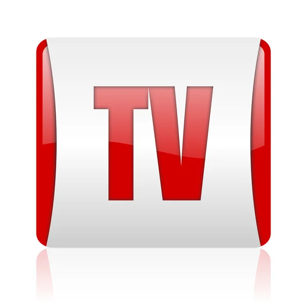Tv vermelho e branco quadrado web ícone brilhante — Fotografia de Stock
