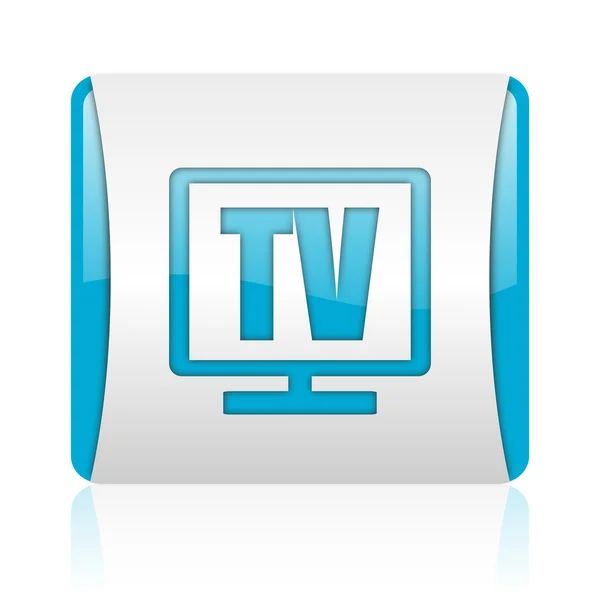 TV blauw en wit vierkant web glanzende pictogram — Stockfoto