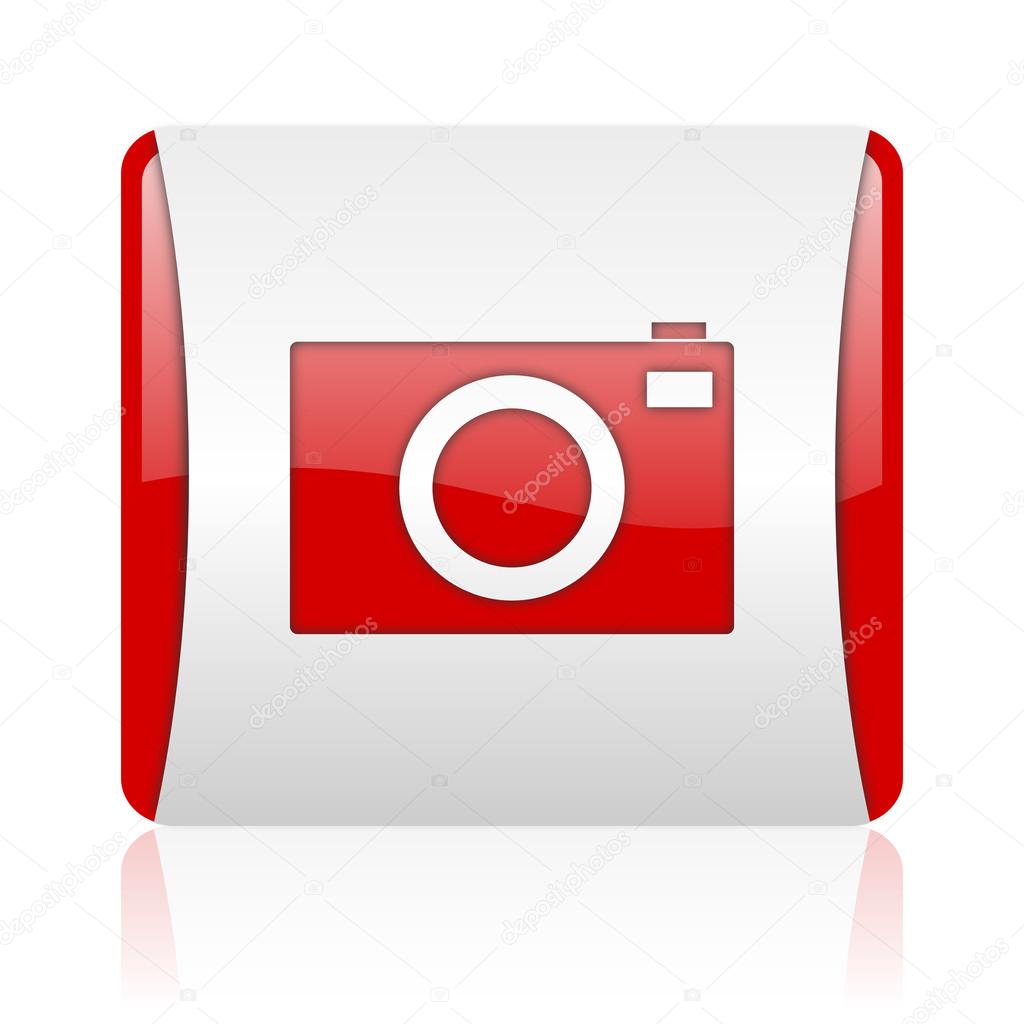Camera red and white square web glossy ico
