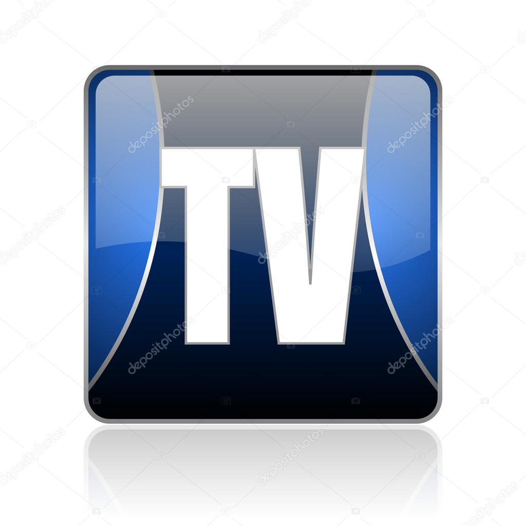 Black and blue square glossy internet icon on white background with reflaction