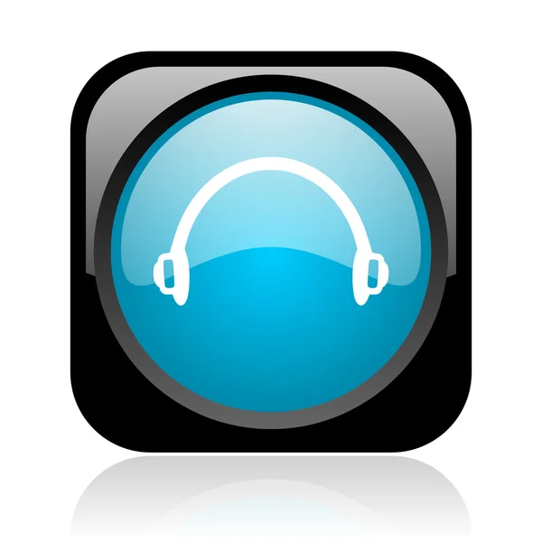Fones de ouvido preto e azul quadrado web ícone brilhante — Fotografia de Stock