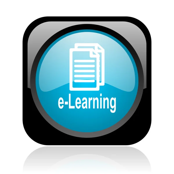 E-öğrenme siyah ve mavi kare web parlak simgesi — Stok fotoğraf