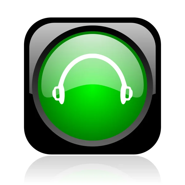 Ακουστικά μαύρο και πράσινο τετράγωνο γυαλιστερό εικονίδιο web — Φωτογραφία Αρχείου