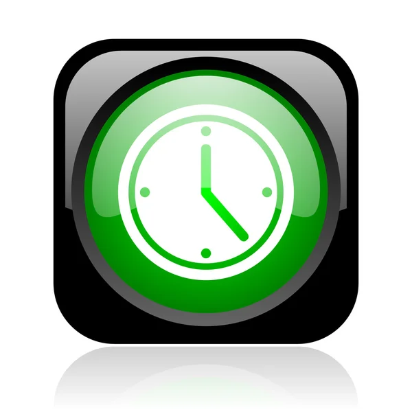 时钟黑色和绿色方形 web 光泽图标 — 图库照片