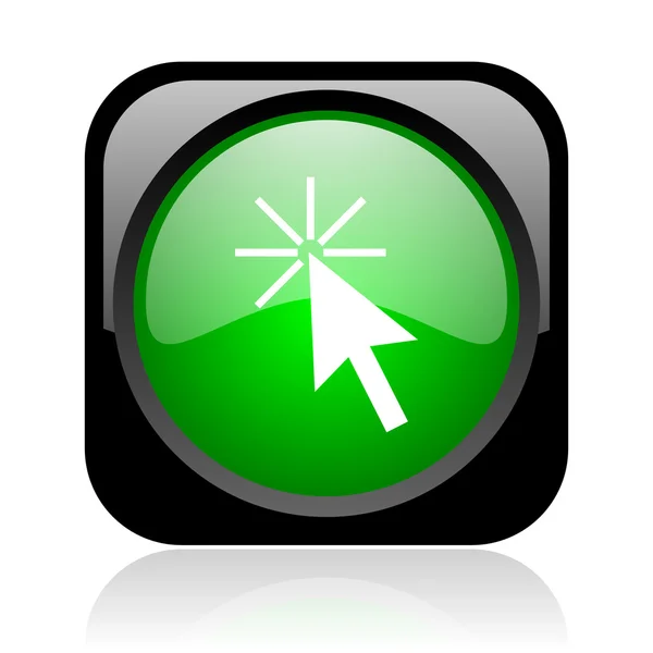 Click here black and green square web glossy icon — Stock Photo, Image