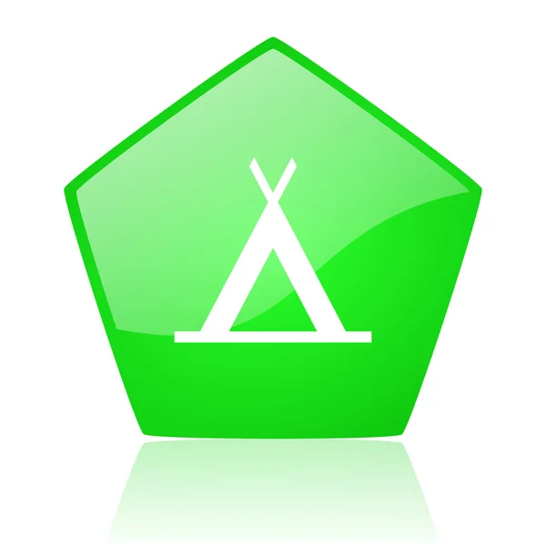 Kamping yeşil pentagon web parlak simgesi — Stok fotoğraf