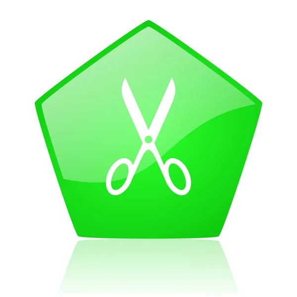 Tesoura verde pentágono web ícone brilhante — Fotografia de Stock