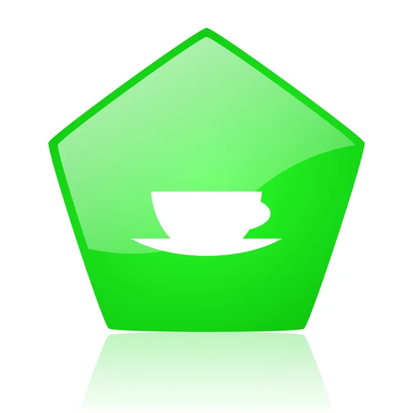 Kahve fincan yeşil pentagon web parlak simgesi — Stok fotoğraf