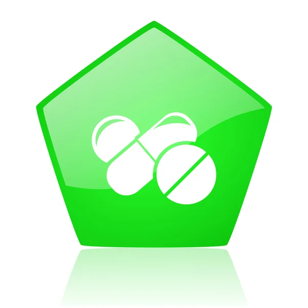 Prášky zelený lesklý ikona webové Pentagonu — Stock fotografie