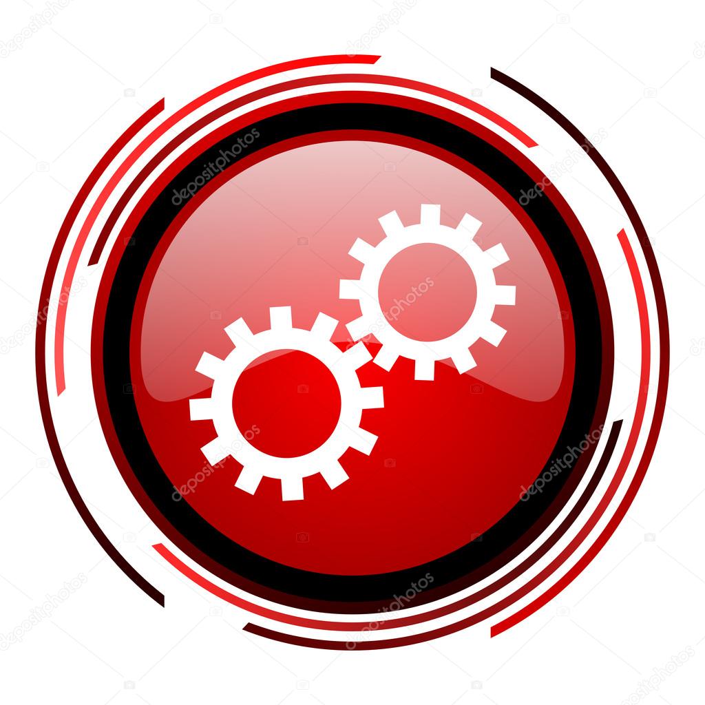 Gears red circle web glossy icon on white backgroun