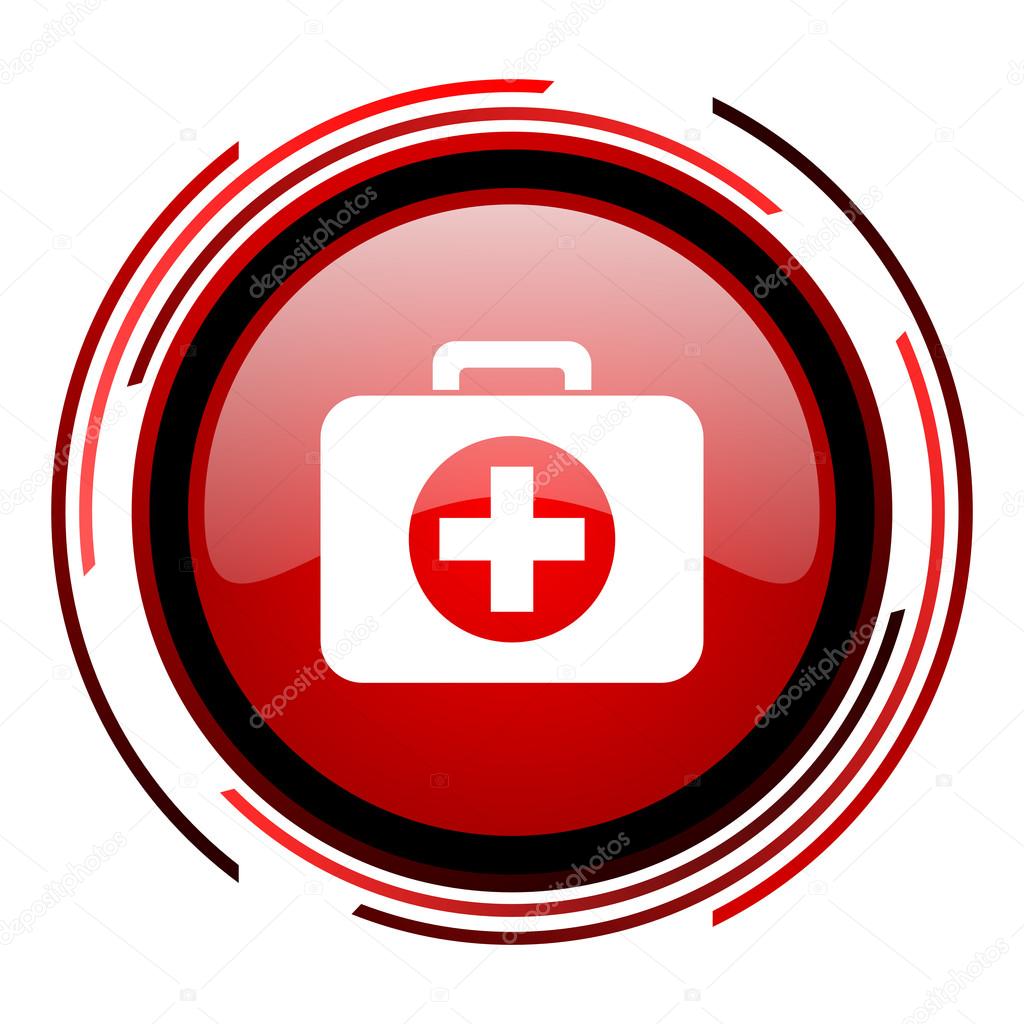 First aid kit red circle web glossy icon on white backgroun