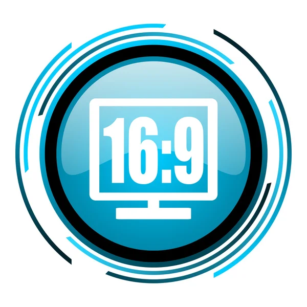 16 9 exibir ícone brilhante círculo azul — Fotografia de Stock