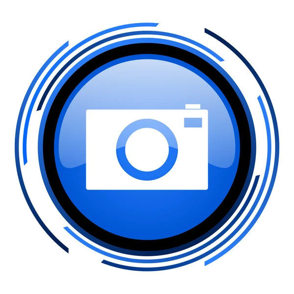Koło niebieski błyszczący ikona aparatu fotograficznego — Zdjęcie stockowe