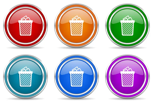 Trash Can Silver Metallic Glossy Icons Set Modern Design Buttons — Stock Photo, Image