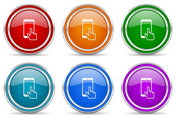 スマートフォン 携帯電話の銀金属光沢のあるアイコン 6色のオプションでウェブ インターネット モバイルアプリケーションのためのモダンなデザインボタンのセットは 白の背景に隔離 — ストック写真