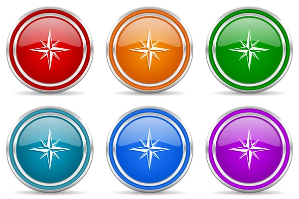 Compass Silver Metallic Glossy Icons Set Modern Design Buttons Web — Stock Photo, Image