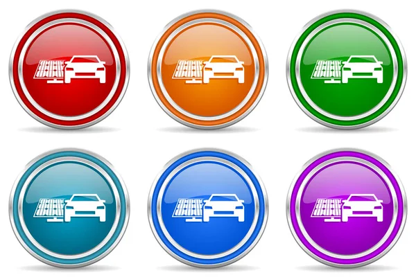 电动汽车和太阳能电池板 清洁能源 电力银金属光泽图标 一套现代设计按钮的网络 互联网和移动应用6色选项隔离的白色背景 — 图库照片