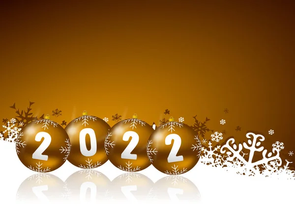 Gelukkig Nieuwjaar 2022 Wenskaart Met Gouden Kerstballen Witte Sneeuwvlokken — Stockfoto
