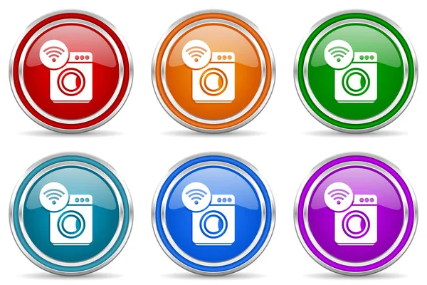 Pračka Internet Wifi Stříbrné Kovové Lesklé Ikony Sada Moderních Designových — Stock fotografie