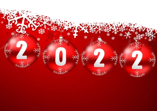 Neujahr 2022 Design Grußkarte Mit Roten Christbaumkugeln Und Weißen Schneeflocken — Stockfoto