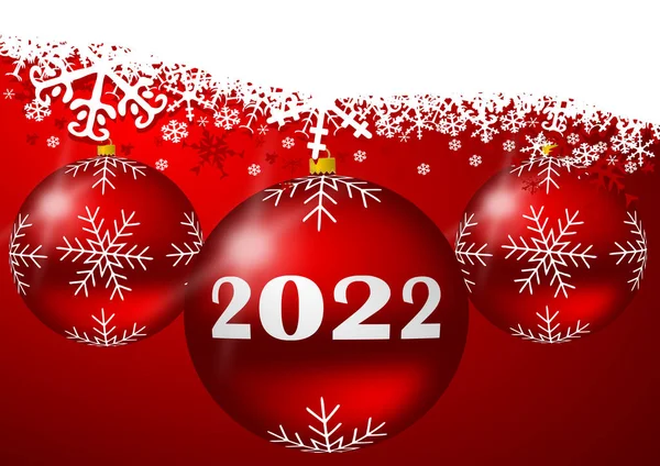 ハッピーニューイヤーEve 2022イラスト クリスマス赤いボールと白い雪の結晶とグリーティングカード あなたのテキストのための空のコピースペースとクリスマスの背景 — ストック写真