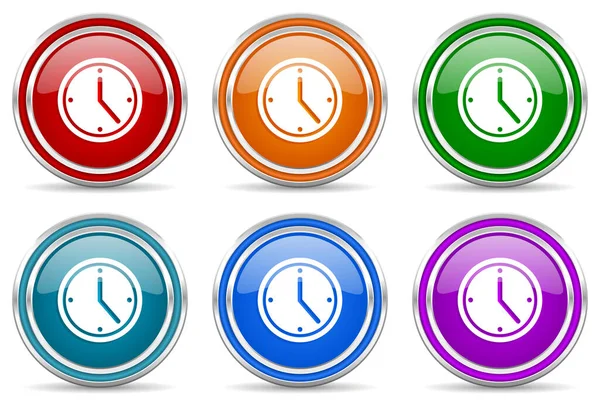 时间银金属光泽图标 一套现代设计按钮 用于网络 互联网和移动应用程序 有6种颜色选择 独立于白色背景 — 图库照片