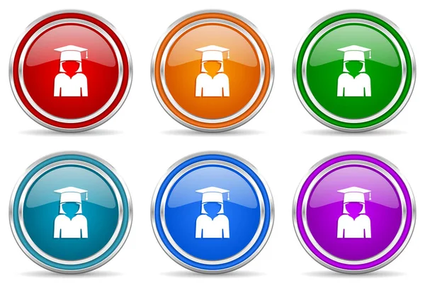 Graduado Educación Mujer Estudiante Plata Iconos Brillantes Metálicos Conjunto Botones — Foto de Stock
