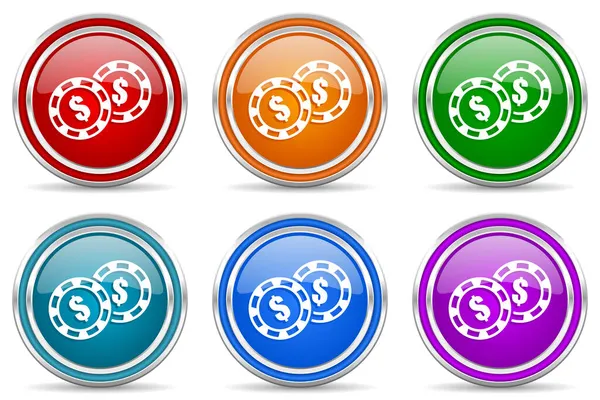 赌场芯片银制金属光泽图标 一套现代设计按钮 用于网络 互联网和移动应用 六种颜色的选择 独立于白色背景 — 图库照片