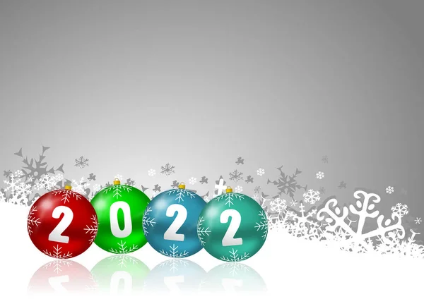 雪の結晶とカラフルなクリスマスボール 冬のコンセプトグリーティングカードとハッピーニューイヤー2022イラスト — ストック写真