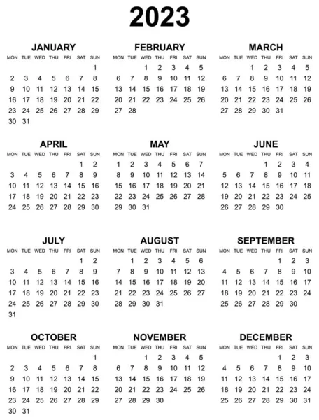 Calendario Vectorial Editable Simple Para Año 2023 Lunes Primero Domingos — Foto de Stock