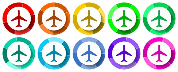 飛行機のアイコンセット モバイルアプリケーションやウェブデザインのための10色のオプションで旅行フラットデザインベクトルイラスト — ストックベクタ
