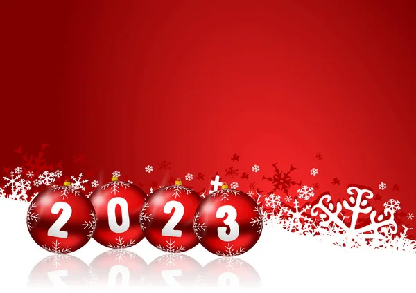 New Years 2023 Card Christmas Baubles Red Background Snowflakes Empty — Stock Photo, Image