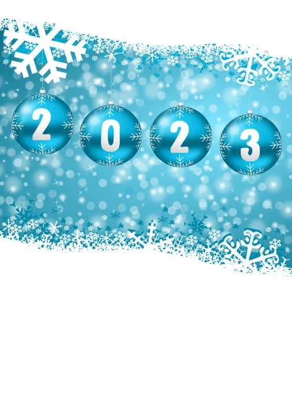 New Years 2023 Greeting Card Christmas Baubles Blue Background Snowflakes — Stock Photo, Image