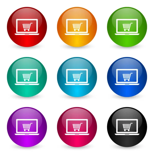 Online shop icon set, colorful glossy 3d rendering ball buttons in 9 color options for webdesign and mobile applications