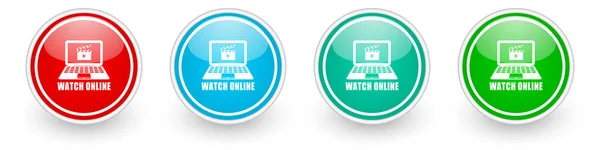 Çevrimiçi Simge Vektör Simgelerini Beyaz Üzerinde Renkli Parlak Düğmeleri Izle — Stok Vektör