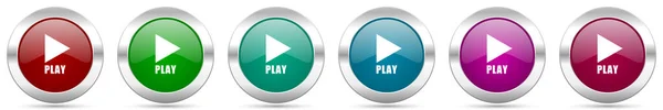 Παίξτε Ασημένια Μεταλλικά Διανυσματικά Εικονίδιο Σύνολο Στρογγυλό Γυαλιστερό Κουμπιά Χρωμιωμένο — Διανυσματικό Αρχείο