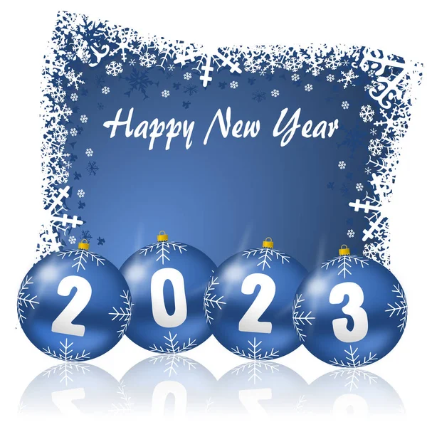新年の幸せ2023イラスト 青い背景に雪の結晶とクリスマスボールとグリーティングカード — ストック写真