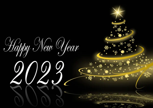 幸せな新年2023黒を背景にクリスマスツリーとイラスト — ストック写真
