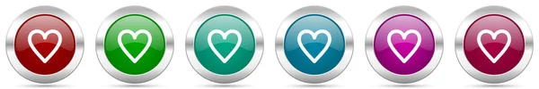 Heart Silver Metallic Vector Icon Set Glossy Buttons Chrome Border — Stock Vector