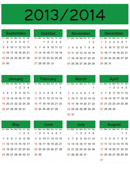 Új tanév, 2013 és 2014 egyszerű naptár — Stock Vector