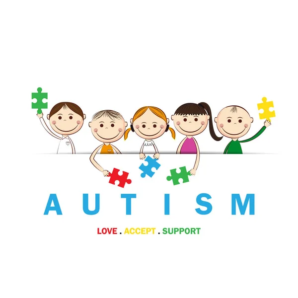 Autism Awareness Day Illustration Happy Children Receiving Support Acceptance Love — Stock Vector