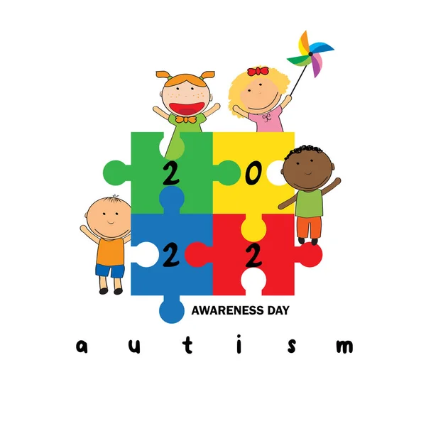 自閉症の意識の日 サポート 受け入れ 愛を受ける幸せな子供のイラスト — ストックベクタ