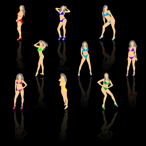 Conjunto de mujeres en bikini, vector — Vector de stock